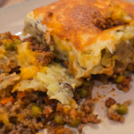 Organic cottage pie with mashed potato topping in a skillet
