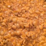 Creamy one pot beef and shells pasta with cheddar cheese